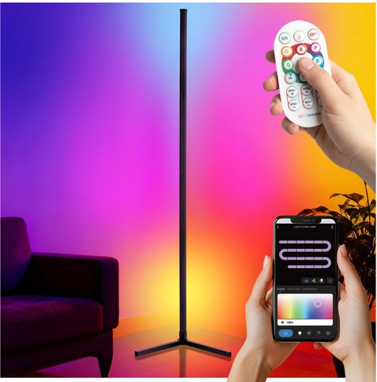 tectake® Smart LED Floor Lamp Spectra - Lampe d'angle avec 16 millions de couleurs - 200 effets lumineux - Lampadaire intelligent - 145 cm - Dimmable - Contrôlé par App, Télécommande, Bouton et Voix - Lampadaire de salon - Atmosphere Lighting
