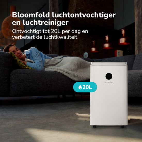 Déshumidificateur et purificateur d'air Bloomfold - 20L par jour - Fonction Lavage-Séchage incluse - Convient au salon, à la chambre à coucher, à la cave et à la salle de bain