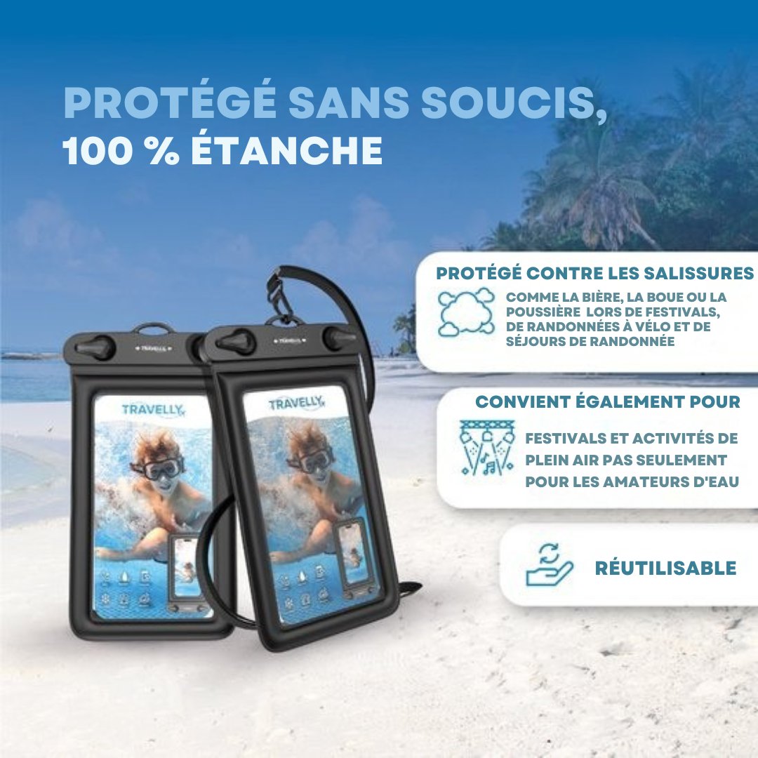 Étui étanche pour téléphone Travelly® - lot de 2 - Étui sous-marin universel pour smartphone - Convient à tous les téléphones - Pour les vacances, la natation et les sports nautiques - Noir/Noir