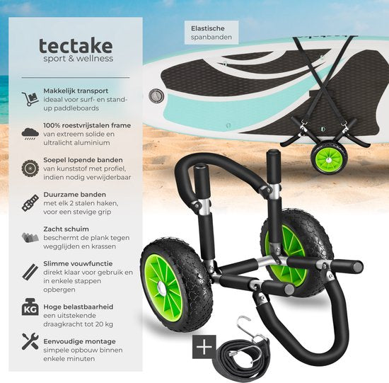 tectake® Chariot de transport pliable pour planche de surf - Espace pour 1 planche - Chariot pour planche de SUP gonflable - Chariot pour canoë ou kayak gonflable - Buggy pour Stand-up Paddle ou planche de surf