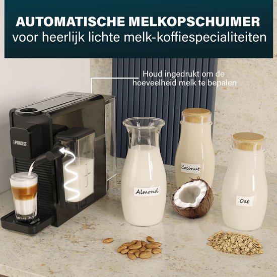 Princess Capsule Coffee Machine with Milk Frother - 249455 - Convient à Nespresso - 20 Bar - Espresso, Cappuccino & Latte - Compact - Automatic Milk System - 1400 W