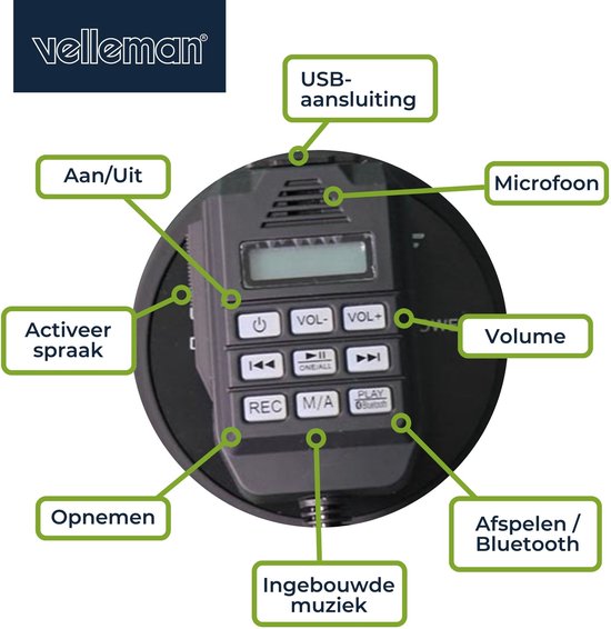 Velleman Mégaphone puissant de 50 W avec sirène intégrée, enregistrement de 700 secondes, réglage du volume, Bluetooth, microphone à main et connexion USB, portée : max 1200 m, noir mat