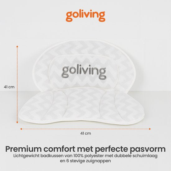 Coussin de bain Goliving - Coussin ergonomique pour le bain - Avec 6 ventouses - Sac de lavage inclus - Antidérapant, léger et imperméable - 100% Polyester - Blanc