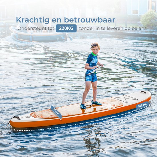 Supper Sup Board XL - Max. 220KG - Gonflable - Planche à pagaie - Étui étanche pour téléphone portable - Pompe - Palme - Leash - Sac de transport - 335 x 81 cm - Orange