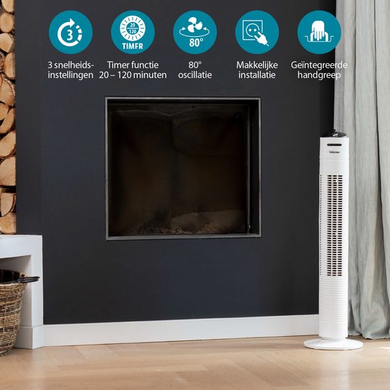 Ventilateur de tour 79 cm - 3 vitesses - Fonction minuterie - Oscillant - Silencieux et compact - Tristar VE-5806 - Blanc