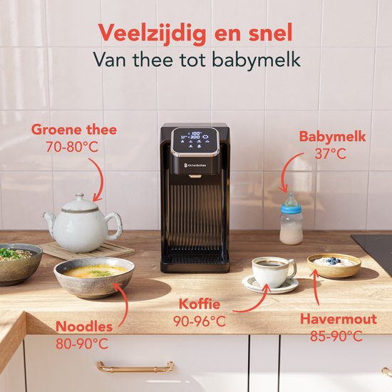 KitchenBrothers Distributeur d'eau chaude - Robinet d'eau chaude - 40-100°C - 100/150/200/250/300/350/400 ml - Bouilloire instantanée - 2.7L - Noir