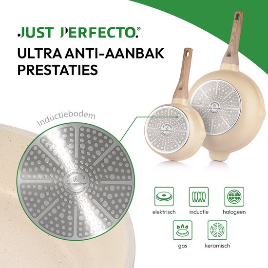 Just Perfecto 12 Pieces Induction Pans Set - Beige Pans Set With Lid For Gas and Induction - PFAS free - Cold grips