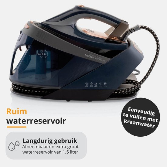 ETA Steamio Fer à repasser à vapeur avec réservoir d'eau et mode ECO - Fer à repasser avec générateur - Chauffe en 40 secondes - Anti-calcaire et anti-goutte - Noir/Or