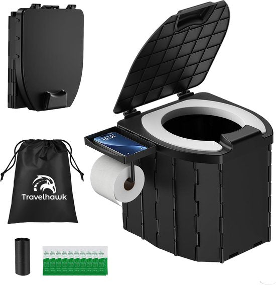 Toilette de camping Travelhawk - Seau de toilette - Portable et pliable - Comprend 12 sacs biodégradables et 10 sacs d'absorption - Idéal pour le camping, les festivals et les activités de plein air.