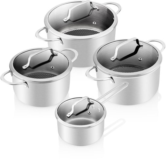 ETA HoneyComb Pan Set pour induction et toutes sources de chaleur - Résistant au four - Jeu de 4 poêles avec couvercle en verre - Acier inoxydable - antiadhésif - Acier inoxydable