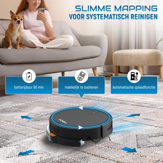 Powell Robot Aspirateur - Robot Aspirateur avec Fonction Mopping - Robot Aspirateur avec Station de Charge - Robot Aspirateur - Mopping Robot - Noir