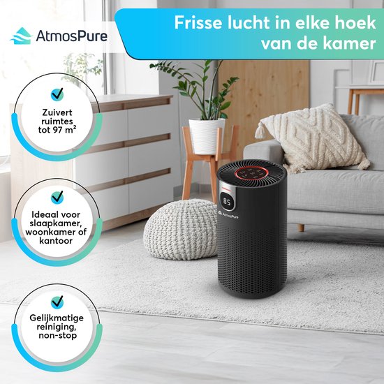 AtmosPure® CleanAir Air Purifier - Purificateur d'air avec filtre HEPA 13 + filtre à charbon remplaçable - CADR 250 m³/h - Noir - Pour 98 m² - Lutte contre les acariens, le rhume des foins, les allergies, -3 modes + mode sommeil silencieux - Capteur de qu