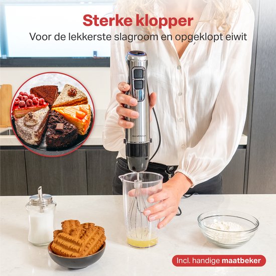 Pied mixeur - AoraKitchen - Set de 6 Piece - 1000W - Turbo - Mousseur à lait - Hachoir - Verre doseur - Fouet