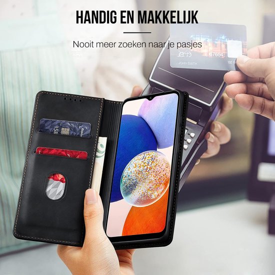 Podec Case with Card Holder suitable for Samsung Galaxy A14 Black Phone Case - Anti-Shock Bookcase Cover with 1x Screen Protector