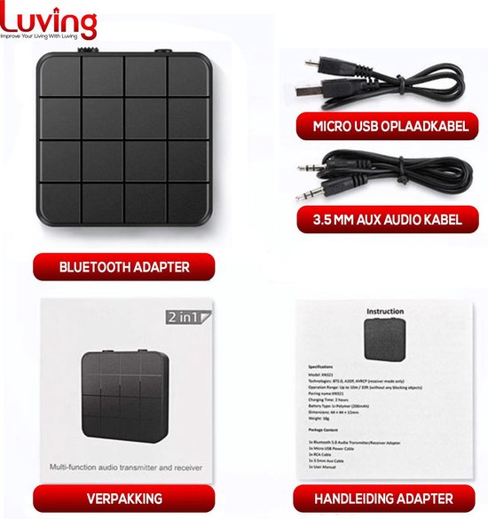 Luving™ - Emetteur et récepteur Bluetooth - Emetteur Bluetooth - Récepteur Bluetooth - Récepteur audio - Appels mains libres