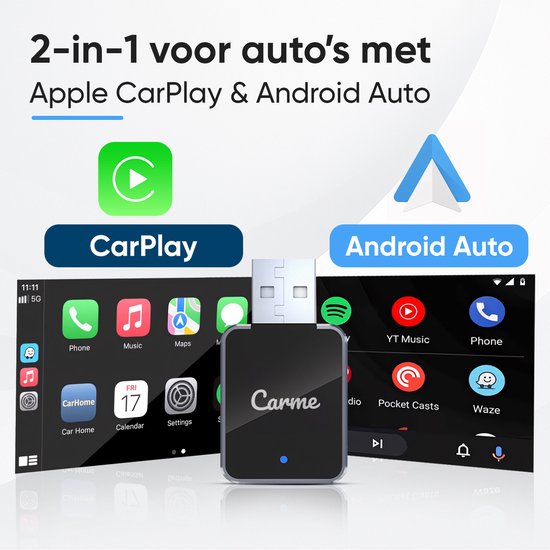 CarMe Mini 2-in-1 CarPlay Dongle V2 - Wireless CarPlay & Android Auto - USB-A & USB-C - Android Auto Dongle - Noir