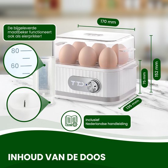 TTD® Smart Egg Boiler Electric with Timer - Convient pour 1 à 6 oeufs - à la coque, à la molle ou semi-molle - Egg timer - Egg Boiler Electric - Comprend un coquetier et un gobelet gradué
