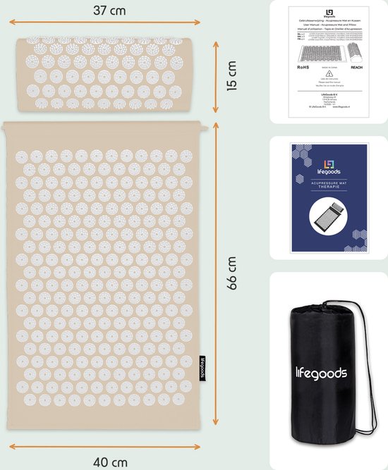 LifeGoods Tapis d'acupression avec coussin - Tapis Shakti - Tapis pour ongles avec 2 balles pour points de déclenchement - 66x40x2cm - Beige/Blanc