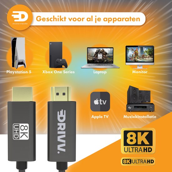 Drivv. Câble HDMI 2.1 8K - Ultra HD High Speed - HDMI vers HDMI - Convient à Xbox Series X & PS5 - 1 mètre - Nylon - Gris
