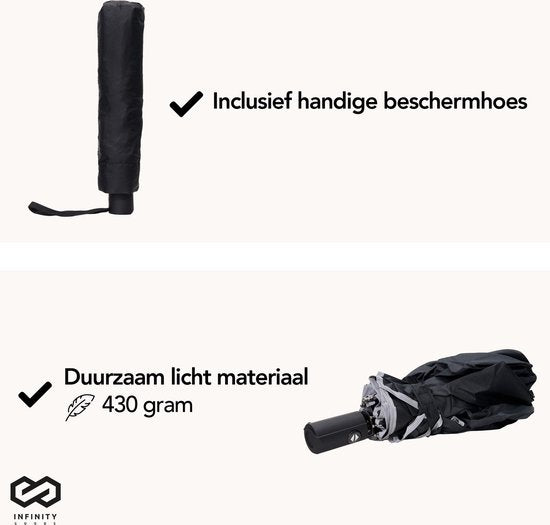 Infinity Goods Stormparaplu - Paraplu - 140 km/u - Reflecterend - Ø 107 cm - Automatisch Uitklapbaar - Beschermhoes - Zwart