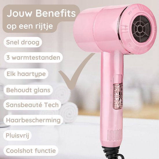 Sansbeauté® Hair Dryer with Diffuser - Ionic Hair Dryer - Brush - Travel Hair Dryer - 3 Attachments - Curls - Coolshot - 3 Stages - Hair Dryer with Diffuser - Hair Dryer - 2000W - Pink