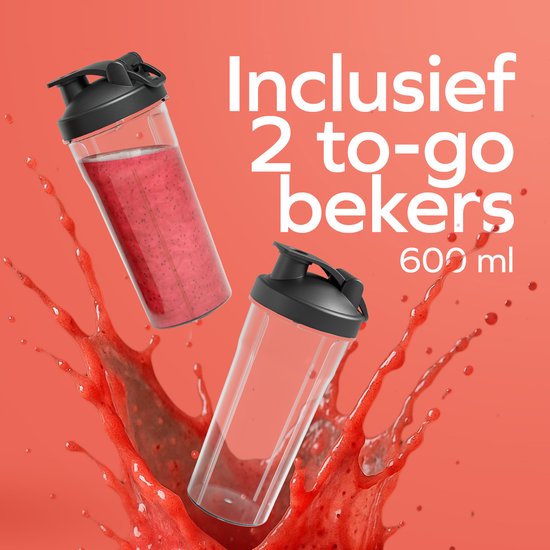 KitchenBrothers Mini Blender - Blender to Go - 2 Stands - Smoothie Maker - 2 To-Go Cups 600 ml - Noir
