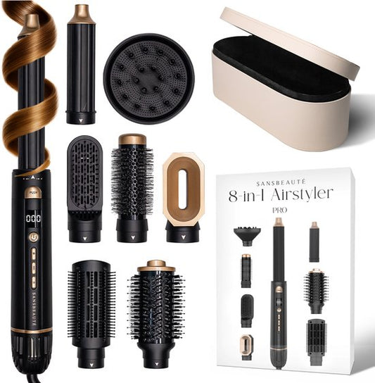 Sansbeauté® 8-in-1 Airstyler avec diffuseur et boîte de rangement - Multistyler - Brosse pour sèche-cheveux cheveux courts - Brosse pour sèche-cheveux - Sèche-cheveux - Brosse chauffante - Brosse à boucler - Fer à boucler - Brosse de coiffage - Câble rota