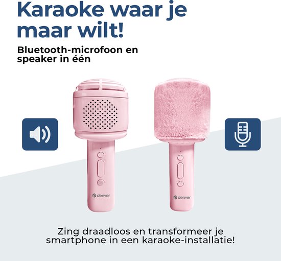Denver Karaoke Microphone Bluetooth - Sans fil - Haut-parleur avec finition duveteuse - Ensemble Karaoké - AUX - MicroSD - KMS30RO