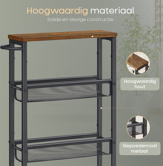 O'DADDY® Kitchen Trolley - Chariot à roulettes étroit - Ilot de cuisine - Chariot de service - Chariot de cuisine à roulettes - Chariot de cuisine - Design industriel - Bois brun - Métal noir