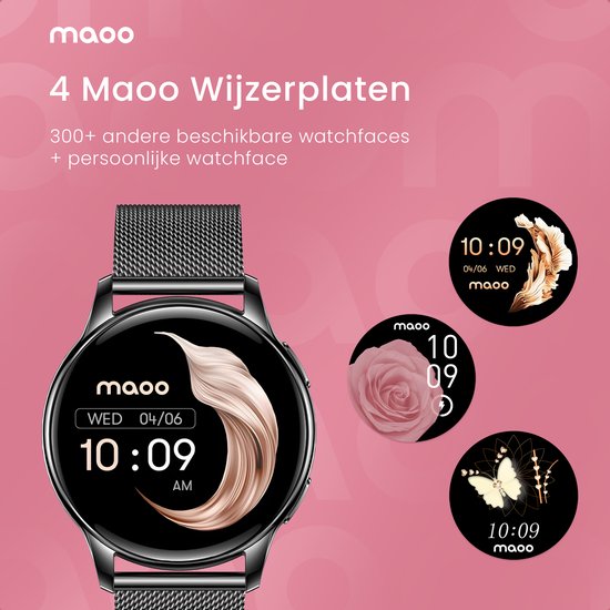 Maoo Ventura AMOLED Smartwatch Ladies - Acier inoxydable et bracelet en silicone 3x - Podomètre - Moniteur de fréquence cardiaque - Moniteur de sommeil - Multisport - Convient à Android et iOS - Noir