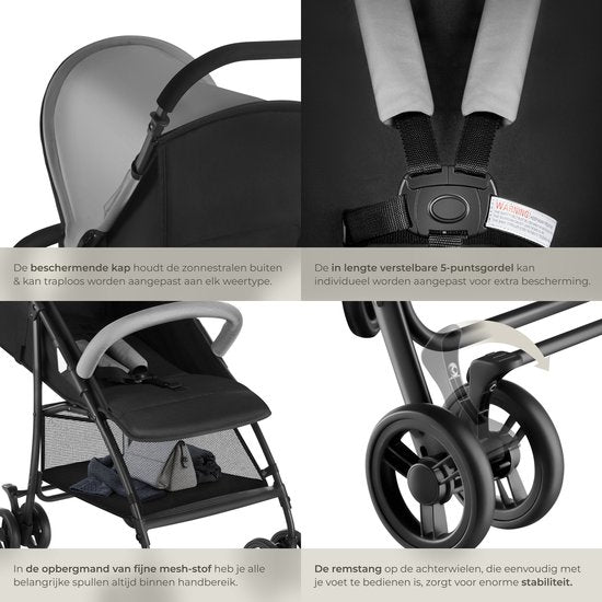 tectake® Buggy - Poussette - Pliable, harnais 5 points, dossier et repose-jambes réglables - Avec frein, roues à roulement souple - Panier de rangement pratique - Noir/gris