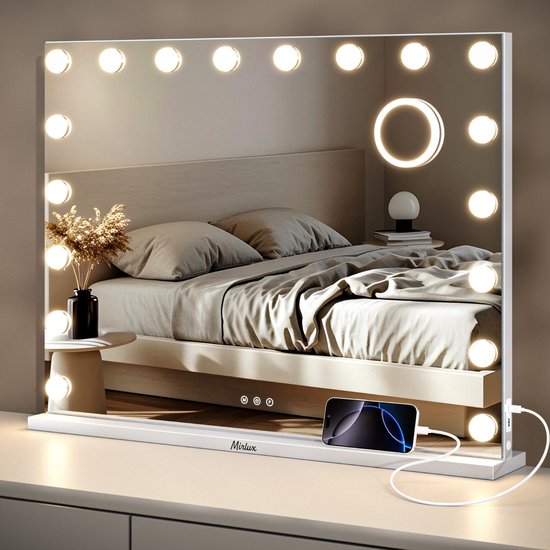 Mirlux Grand miroir hollywoodien 80x60CM - Eclairage LED - Ports de charge USB & USB-C - Maquillage - Blanc