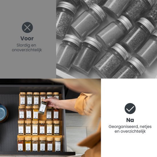 Organess Spice Rack Drawer - 4 Layer - For 28 Spice Jars - Bamboo - Spice Organiser - Kitchen Drawer Organiser