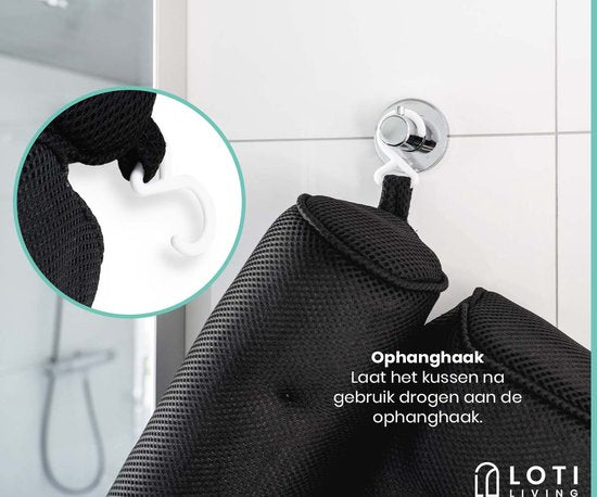 Loti Living Oreiller de bain - Oreiller de bain - Oreiller cervical de bain - Appui-tête de bain - Oreiller de bain avec ventouses - 6 ventouses - Oreiller cervical ergonomique - Antidérapant - Noir