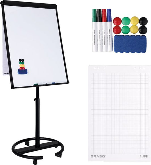 BRASQ Flipchart Mobile Deluxe -70x100 cm - Tableau blanc ajustable - 25 feuilles de papier et accessoires inclus - avec bras extensibles - Tableau magnétique avec crochets - Tableau magnétique - Noir