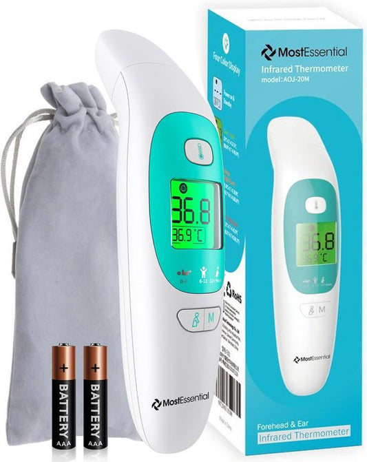 MostEssential Premium Thermomètre de fièvre - Thermomètre auriculaire - Thermomètre infrarouge - Thermomètre frontal - Thermomètre corporel - Thermomètre de fièvre pour adultes, enfants et bébés - Sans contact - 20M