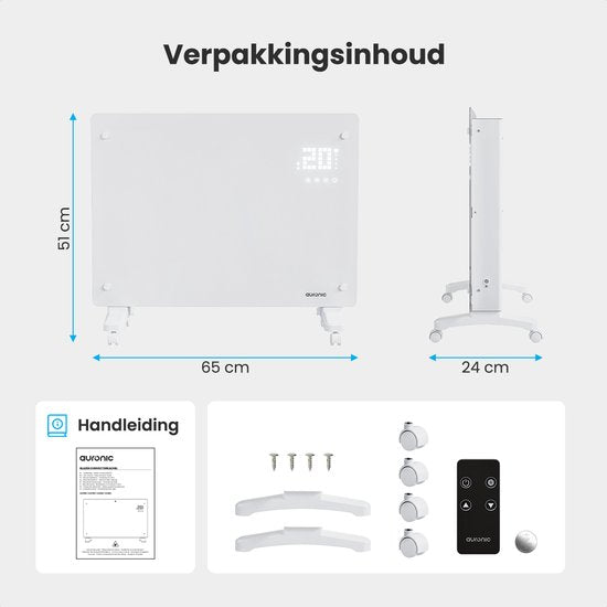 Auronic Electric Heater - Convector Heater with Thermostat and Remote Control - Glass Panel Heater - 1500W Heater - White