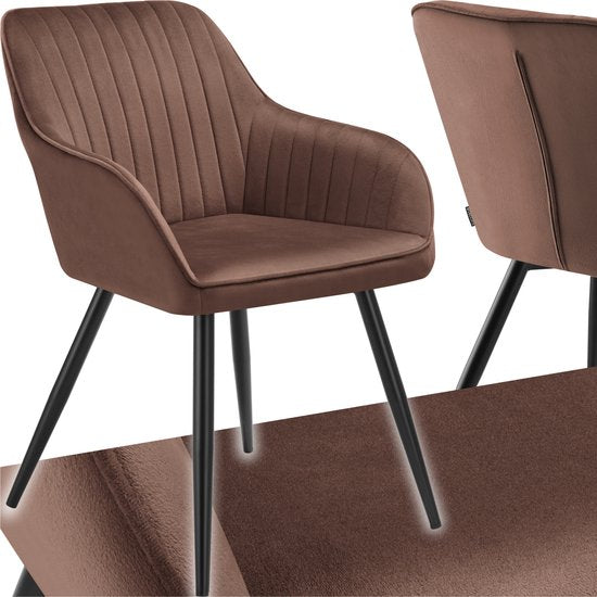 tectake® Dining Chair Marilyn - Chaise tapissée aspect velours - motif de couture - pieds de chaise noirs - chaise de cuisine ergonomique - avec dossier et accoudoirs continus - chaise pour salon, salle à manger, chambre à coucher - marron