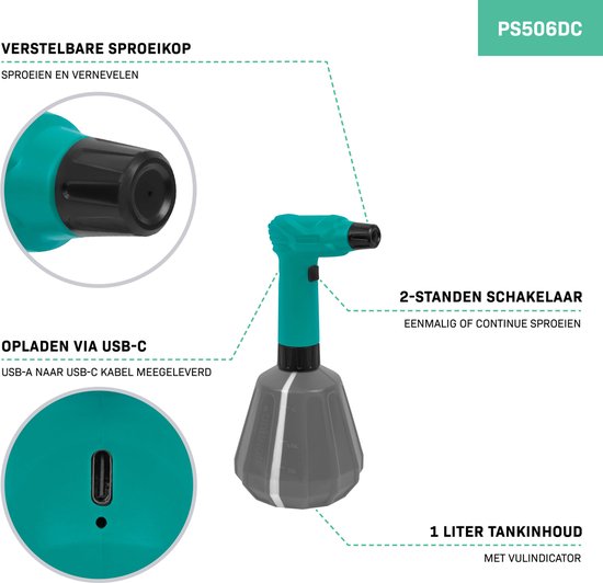 VONROC Pulvérisateur électrique à pression - 1 litre - 4V - pour l'arrosage, le désherbage, le nettoyage et l'esthétique automobile - Câble de chargement USB-C inclus