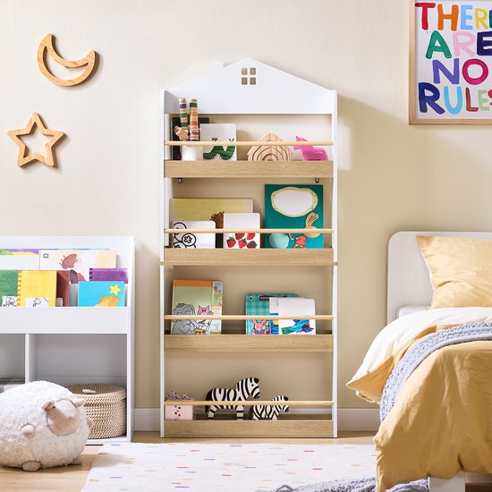 SoBuy KMB121-WN Bibliothèque pour enfants, 4 niveaux, meubles, jouets, bibliothèque, meuble de rangement, étagère, chambre, blanc/naturel, 60 x 15 x 130,5 cm