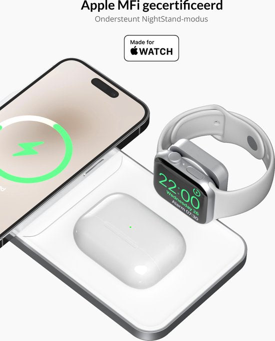 Favolt Site:3 Magsafe 3 in 1 Wireless Charger (MFi/QI) Magnetic Charging Station for iPhone Apple Watch AirPods Silver