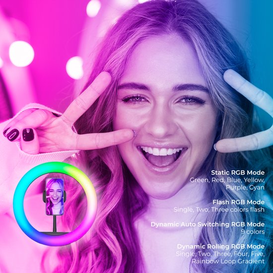 Studio ME Lampe annulaire multicolore avec trépied - 10 pouces/25 cm - Lampe RVB - Lampe annulaire avec trépied - Bluetooth - Support de téléphone - Télécommande - USB - Lampe TikTok - Lampe annulaire