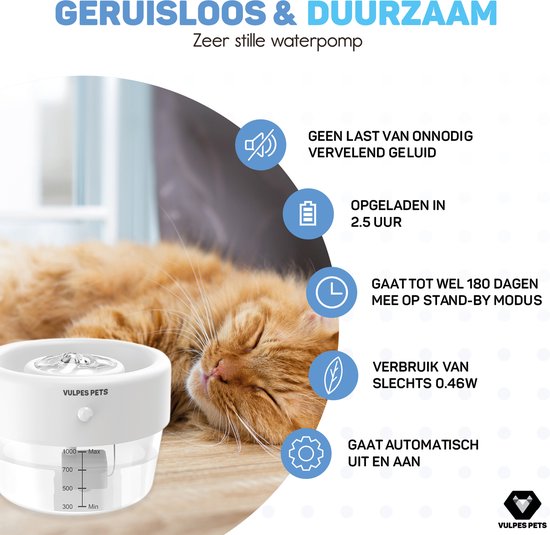 Vulpes Goods® Pets - Abreuvoir pour chat et chien - Abreuvoir sans fil pour chat - Abreuvoir et fontaine à eau pour chat - Rechargeable, portable et sans fil - Abreuvoir pour chien - Anti-déversement - Version PRO