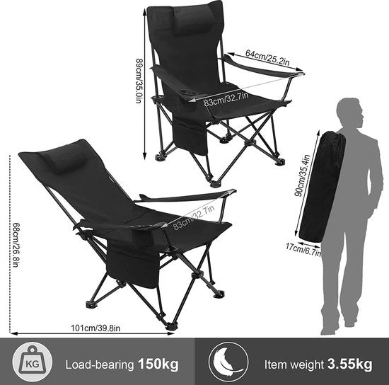 Chaise de camping, chaise pliante, chaise de pêche, chaise de plage légère, chaise pliante avec dossier, porte-gobelet, sac de rangement, capacité de charge de 150 kg, noir
