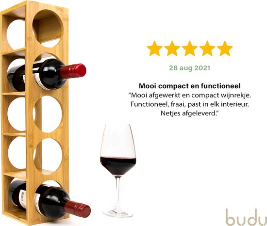 Budu Porte-bouteilles en bambou 5 bouteilles - Porte-bouteilles en bois - Empilable - Extensible - Porte-bouteilles en bois - Porte-bouteilles en bambou - Porte-bouteilles vertical - Porte-bouteilles de vin