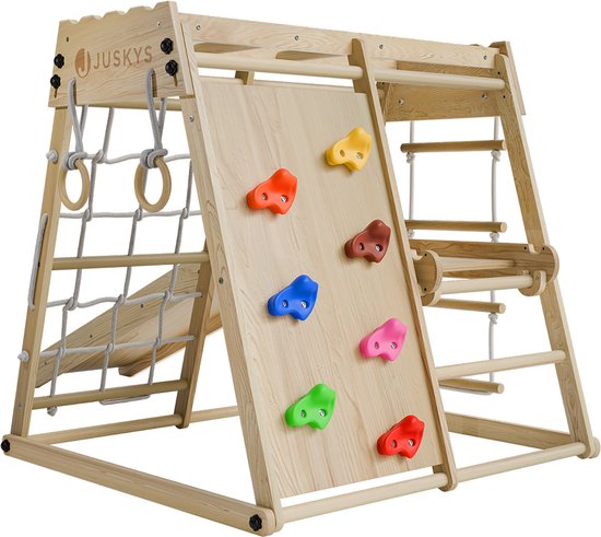 Juskys - Cadre d'escalade d'intérieur pour enfants - 102 x 98 x 100 cm & avec toboggan et mur d'escalade - équipé d'anneaux tournants et d'une échelle de corde - pliable et autoportant - bois naturel et fourré