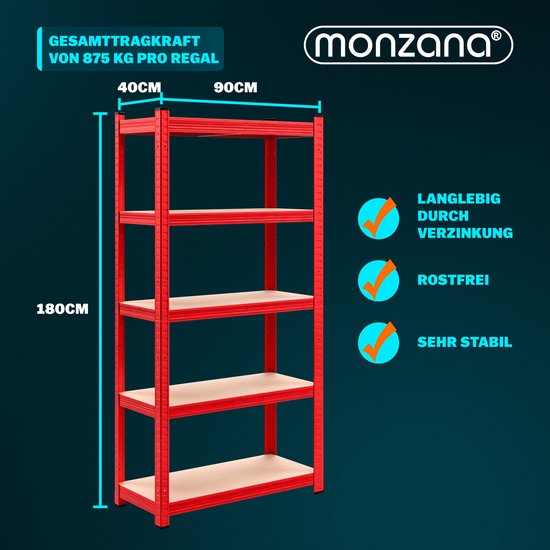 Armoire à rayonnages Lot de 2 - 180x90x40cm Chargeable jusqu'à 1750kg - Rouge