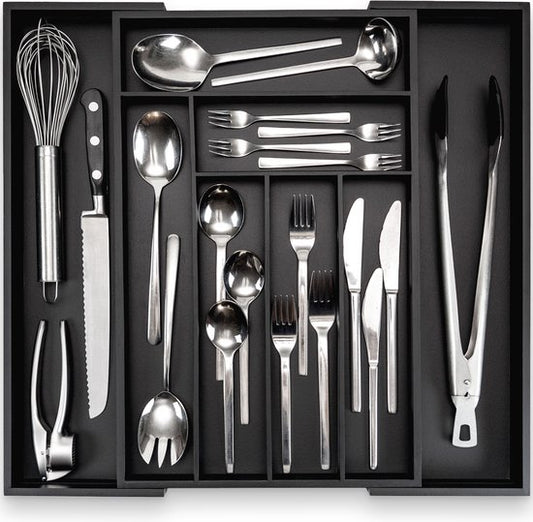 Budu Range-couverts extensible en bambou #47 (47 cm de profondeur) - Noir - Cassette à couverts en bois - Tiroir à couverts - 47 x 30.6 - 50 cm - 6/8 compartiments