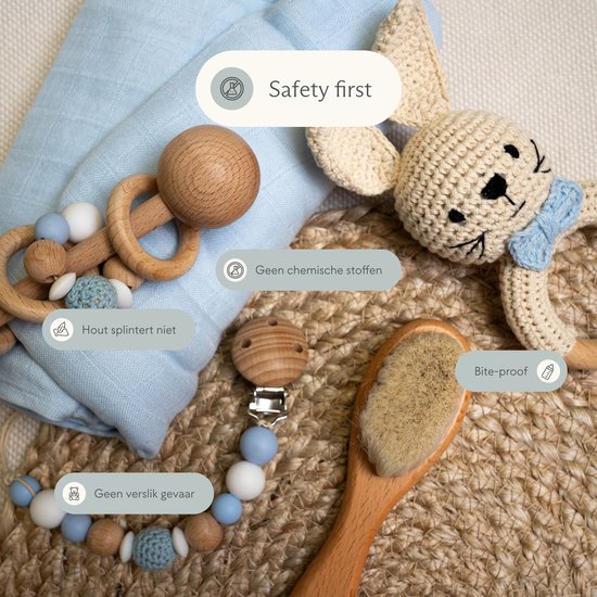 Cadeau Nid d'Amour Garçon / Fille - Cadeau Bébé Babyshower - Anneau de dentition, ficelle de sucette et tissu de sucette - Panier Cadeau avec Cadeaux Nouveau-né