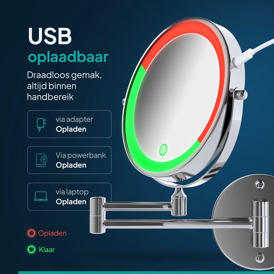 Mirlux Miroir de maquillage avec éclairage LED - Rechargeable - grossissement 5x - Miroir grossissant avec lumière - Miroir de rasage - Miroir de salle de bain - Chrome